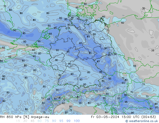 Humidité rel. 850 hPa Arpege-eu ven 03.05.2024 15 UTC