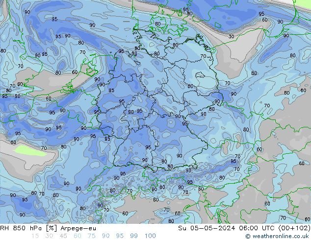 Humidité rel. 850 hPa Arpege-eu dim 05.05.2024 06 UTC