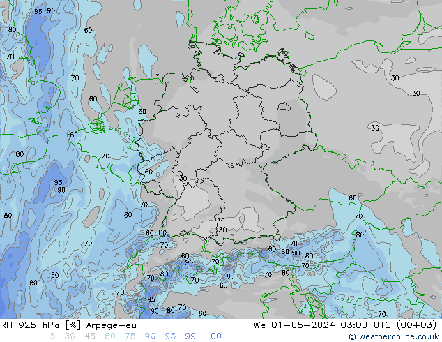 RH 925 hPa Arpege-eu mer 01.05.2024 03 UTC