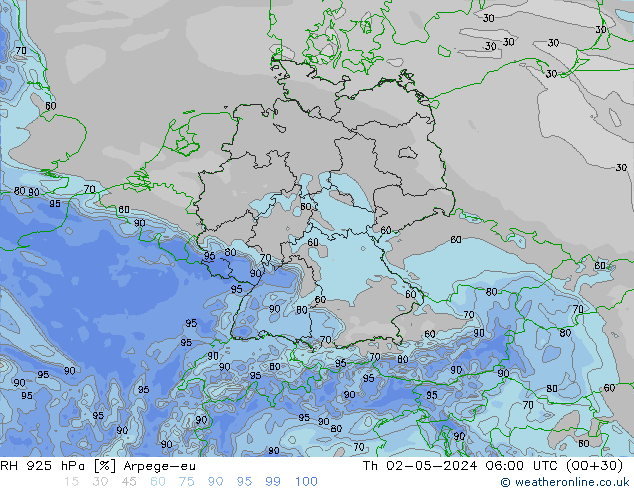 RH 925 hPa Arpege-eu Th 02.05.2024 06 UTC