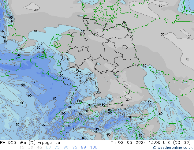 RH 925 hPa Arpege-eu Qui 02.05.2024 15 UTC