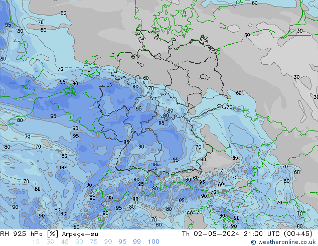 Humidité rel. 925 hPa Arpege-eu jeu 02.05.2024 21 UTC