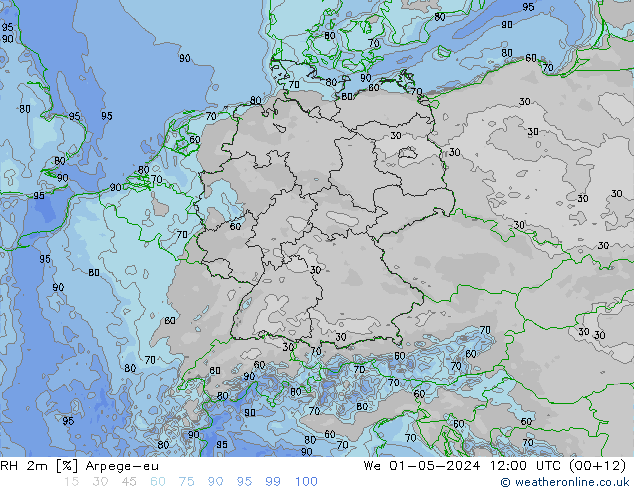 RH 2m Arpege-eu Mi 01.05.2024 12 UTC