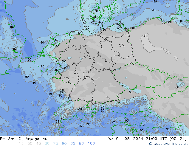 RH 2m Arpege-eu Mi 01.05.2024 21 UTC