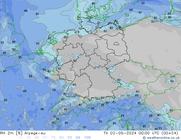 RH 2m Arpege-eu Qui 02.05.2024 00 UTC