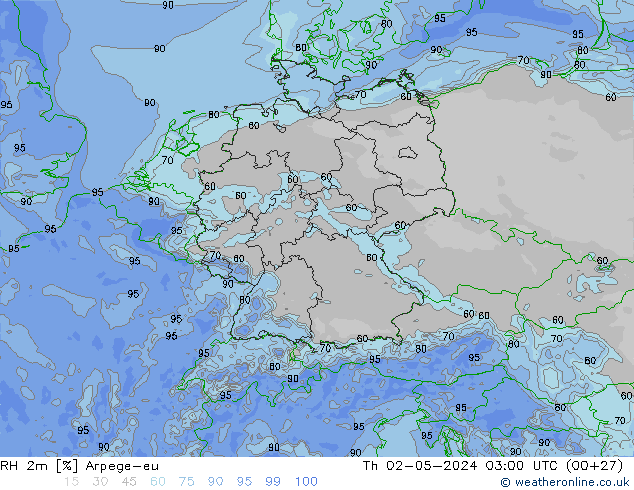 RH 2m Arpege-eu Qui 02.05.2024 03 UTC