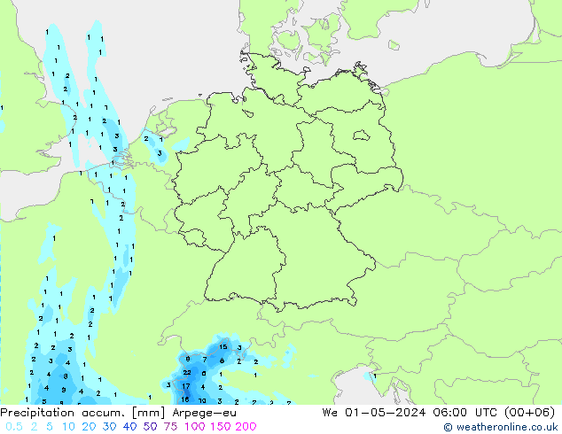 Totale neerslag Arpege-eu wo 01.05.2024 06 UTC