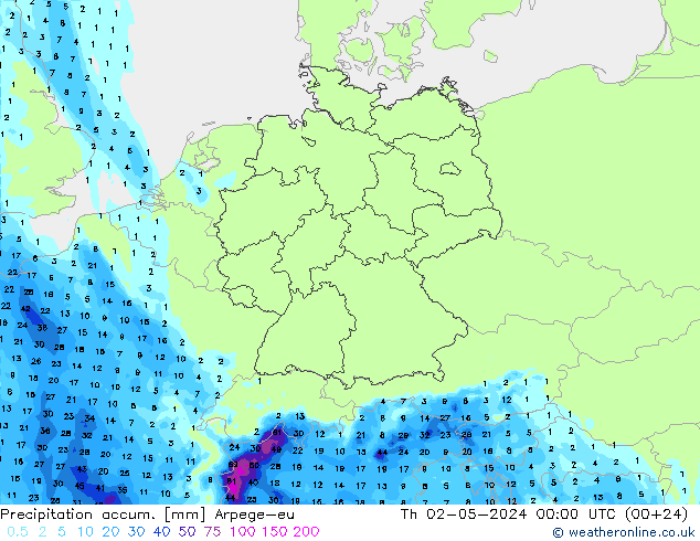 Precipitation accum. Arpege-eu czw. 02.05.2024 00 UTC