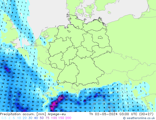 Precipitation accum. Arpege-eu Th 02.05.2024 03 UTC