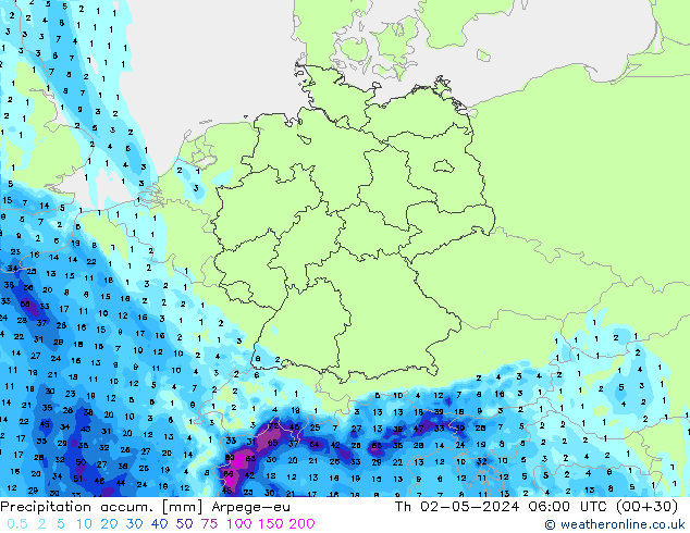 Precipitation accum. Arpege-eu Qui 02.05.2024 06 UTC