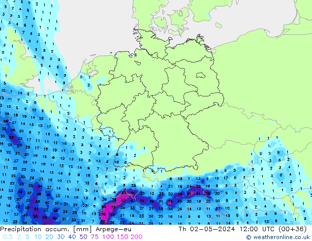 Precipitation accum. Arpege-eu Th 02.05.2024 12 UTC