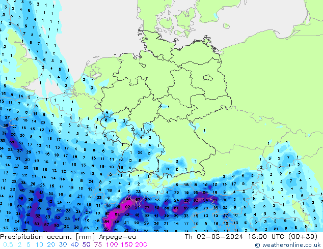 Precipitation accum. Arpege-eu Th 02.05.2024 15 UTC