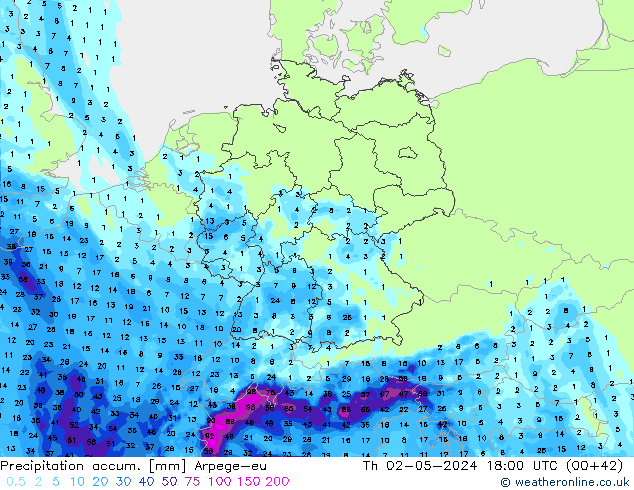 Totale neerslag Arpege-eu do 02.05.2024 18 UTC