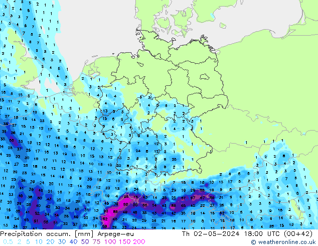 Precipitation accum. Arpege-eu Th 02.05.2024 18 UTC