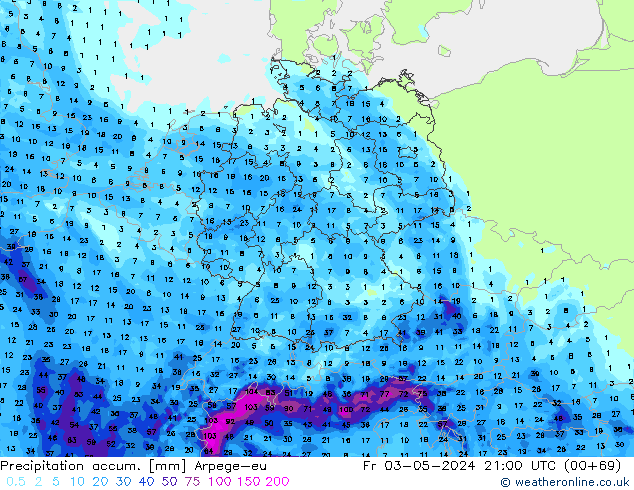 Precipitation accum. Arpege-eu Sex 03.05.2024 21 UTC