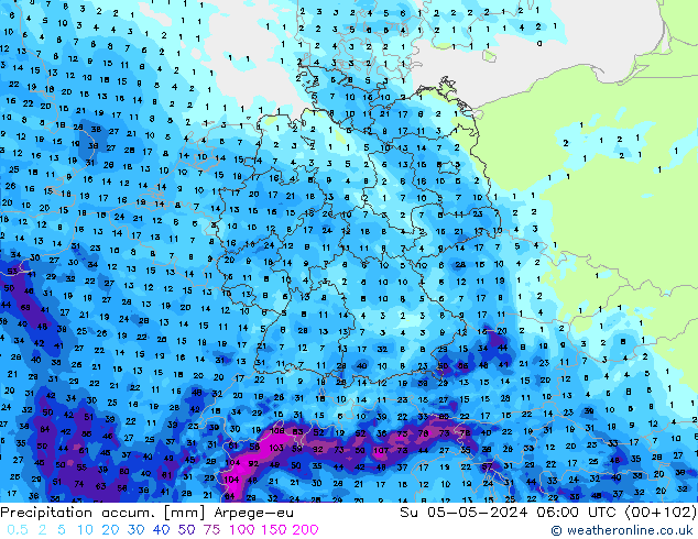 Precipitation accum. Arpege-eu Su 05.05.2024 06 UTC