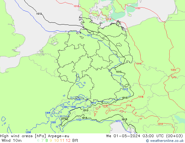 High wind areas Arpege-eu mié 01.05.2024 03 UTC