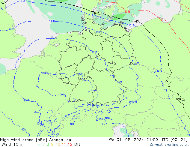 High wind areas Arpege-eu mer 01.05.2024 21 UTC