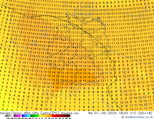 Géop./Temp. 850 hPa Arpege-eu mer 01.05.2024 18 UTC