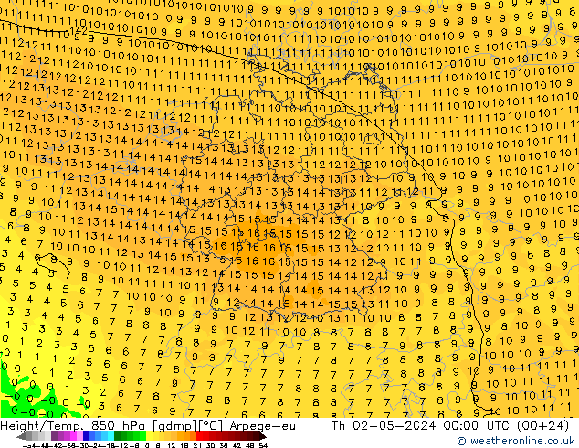 Géop./Temp. 850 hPa Arpege-eu jeu 02.05.2024 00 UTC