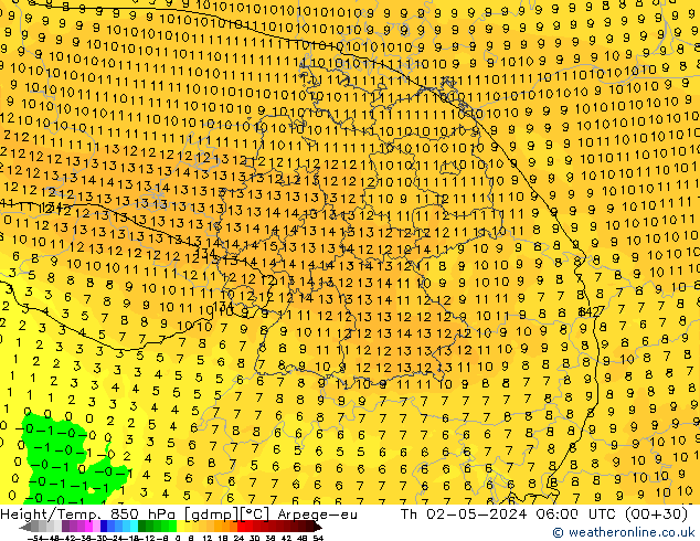 Height/Temp. 850 hPa Arpege-eu Th 02.05.2024 06 UTC