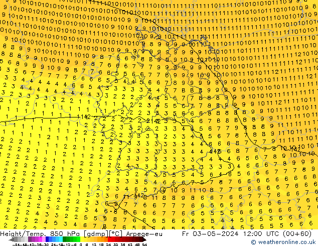 Height/Temp. 850 гПа Arpege-eu пт 03.05.2024 12 UTC