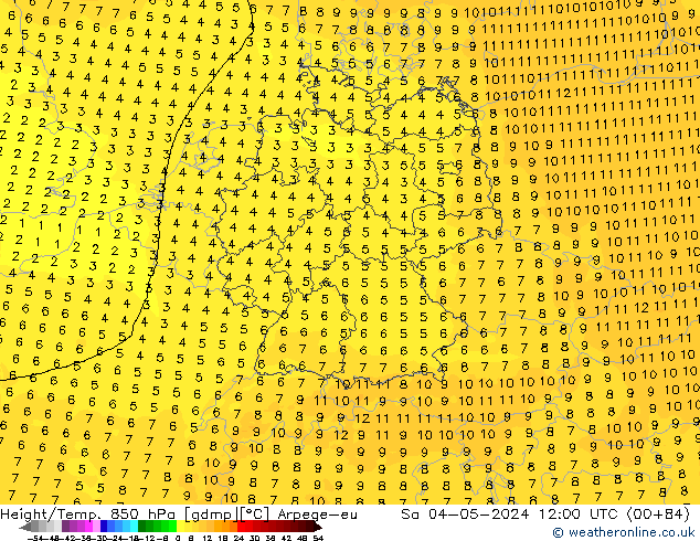 Hoogte/Temp. 850 hPa Arpege-eu za 04.05.2024 12 UTC