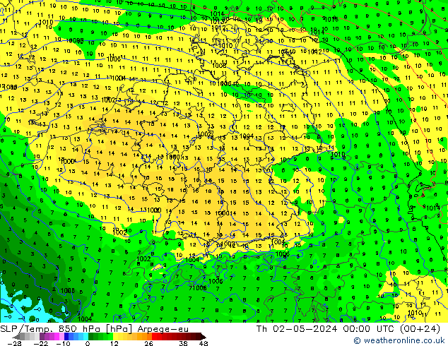 850 hPa Yer Bas./Sıc Arpege-eu Per 02.05.2024 00 UTC