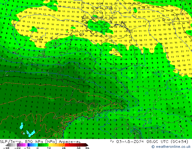 SLP/Temp. 850 hPa Arpege-eu  03.05.2024 06 UTC