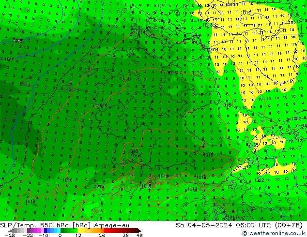 SLP/Temp. 850 hPa Arpege-eu so. 04.05.2024 06 UTC