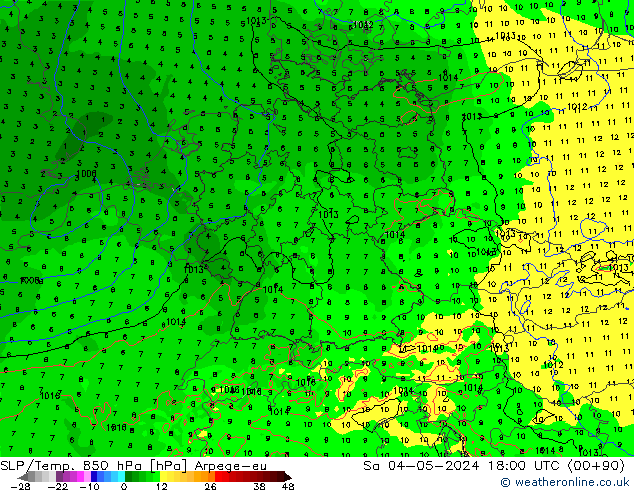 SLP/Temp. 850 hPa Arpege-eu Sáb 04.05.2024 18 UTC