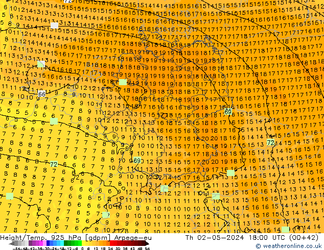 Height/Temp. 925 hPa Arpege-eu Th 02.05.2024 18 UTC