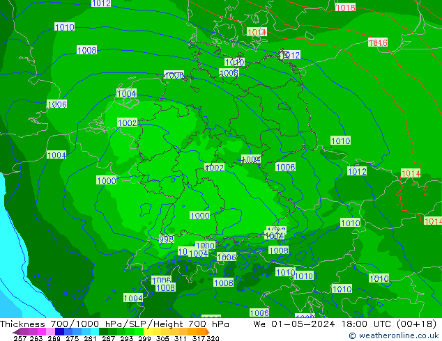 Thck 700-1000 гПа Arpege-eu ср 01.05.2024 18 UTC