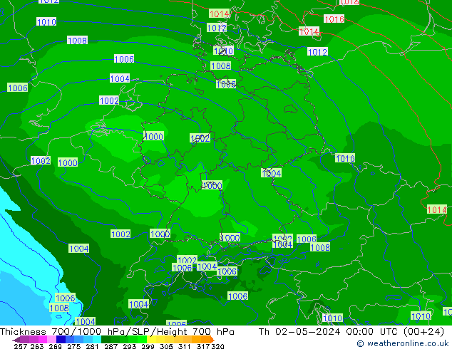 Thck 700-1000 hPa Arpege-eu Qui 02.05.2024 00 UTC