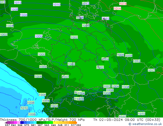 Dikte700-1000 hPa Arpege-eu do 02.05.2024 09 UTC