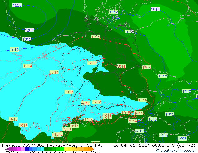 Thck 700-1000 гПа Arpege-eu сб 04.05.2024 00 UTC