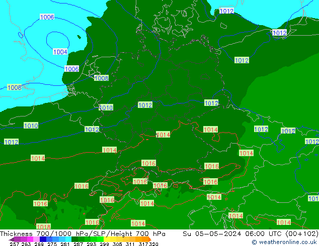 Thck 700-1000 гПа Arpege-eu Вс 05.05.2024 06 UTC