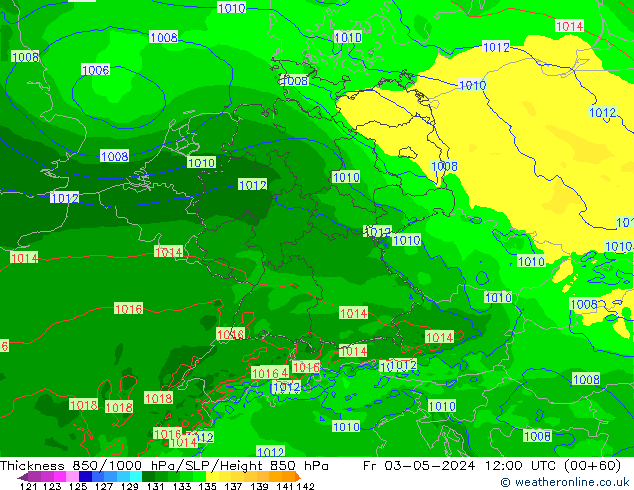 Espesor 850-1000 hPa Arpege-eu vie 03.05.2024 12 UTC