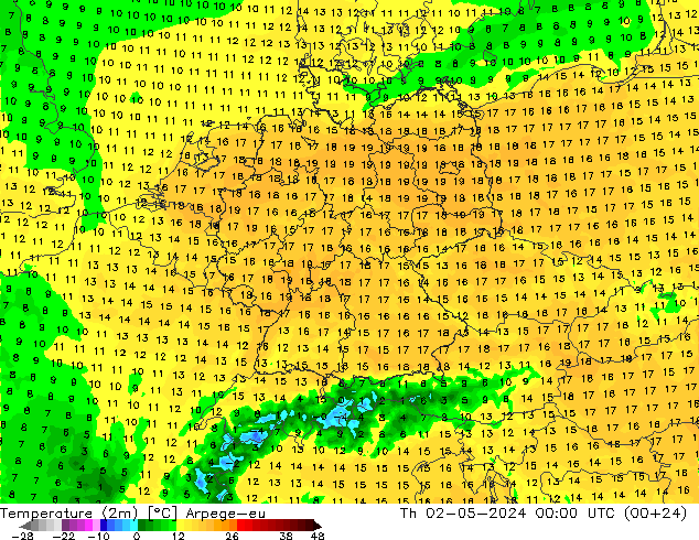 mapa temperatury (2m) Arpege-eu czw. 02.05.2024 00 UTC