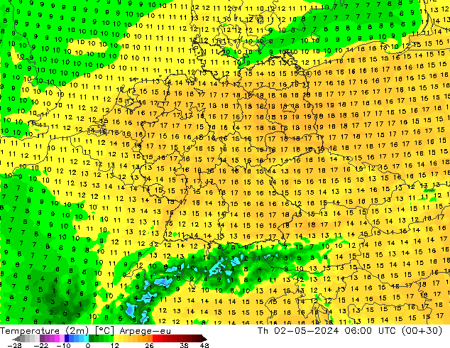 Temperatuurkaart (2m) Arpege-eu do 02.05.2024 06 UTC