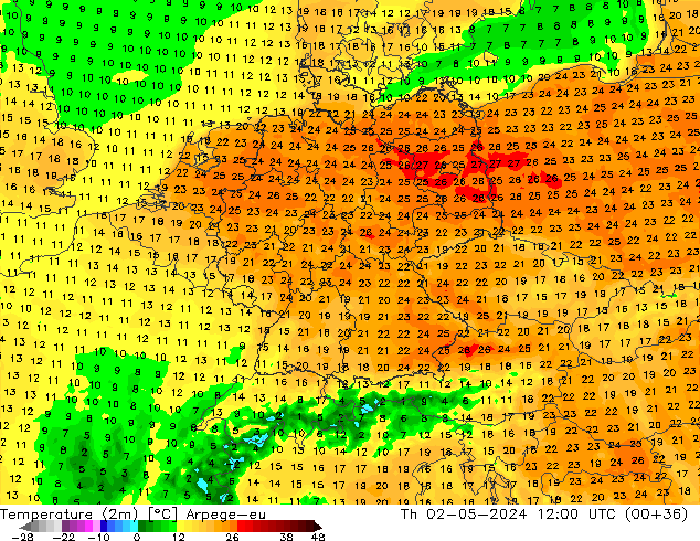 Temperature (2m) Arpege-eu Th 02.05.2024 12 UTC