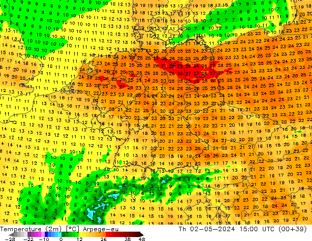 Temperatuurkaart (2m) Arpege-eu do 02.05.2024 15 UTC