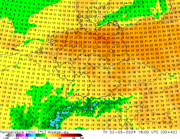 Temperature (2m) Arpege-eu Th 02.05.2024 18 UTC