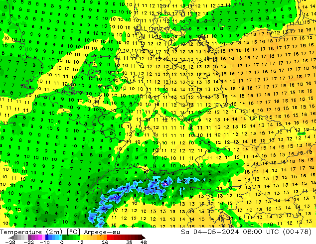 Temperature (2m) Arpege-eu Sa 04.05.2024 06 UTC