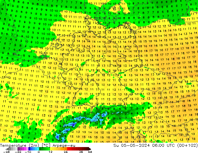 Temperatuurkaart (2m) Arpege-eu zo 05.05.2024 06 UTC