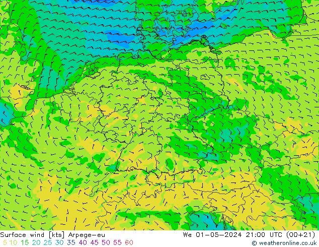 Vent 10 m Arpege-eu mer 01.05.2024 21 UTC