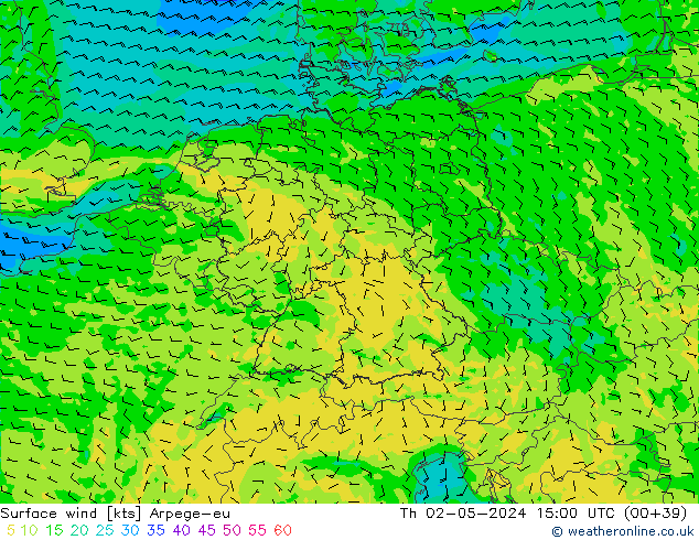 Vento 10 m Arpege-eu Qui 02.05.2024 15 UTC