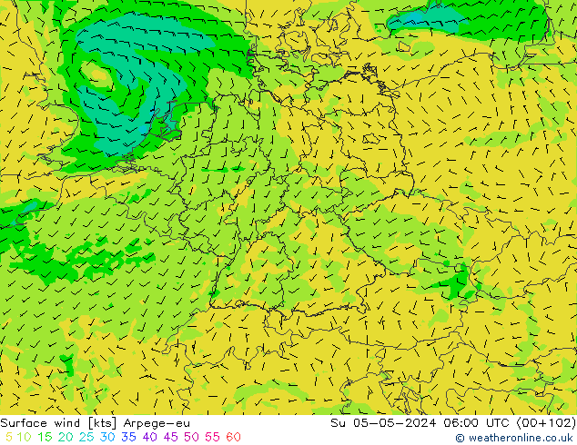 Surface wind Arpege-eu Ne 05.05.2024 06 UTC