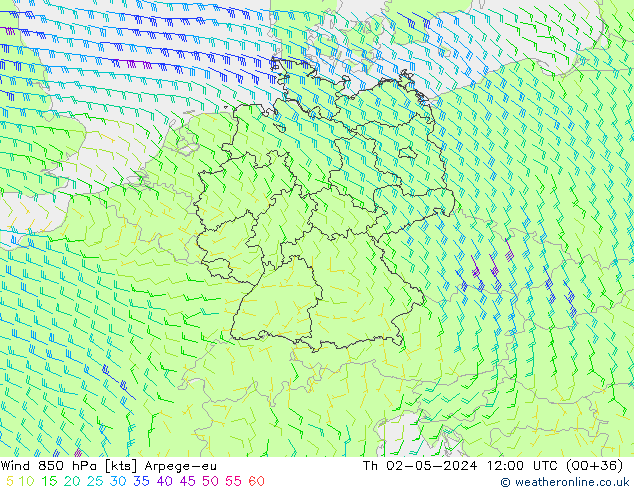 Vent 850 hPa Arpege-eu jeu 02.05.2024 12 UTC