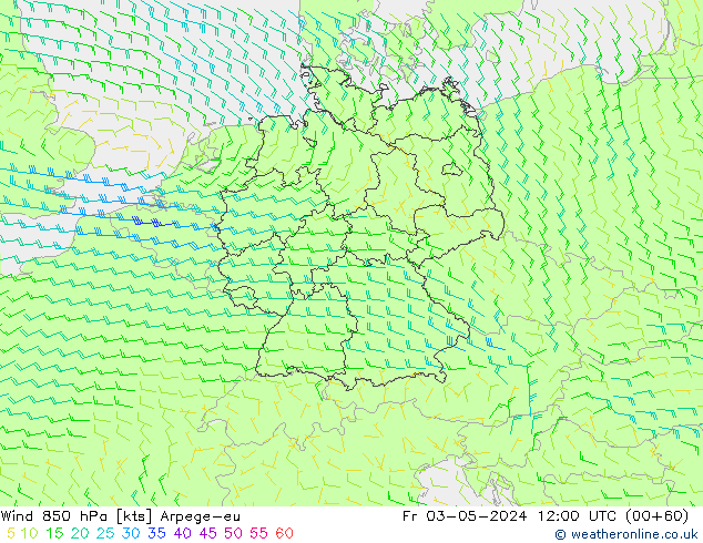 Rüzgar 850 hPa Arpege-eu Cu 03.05.2024 12 UTC